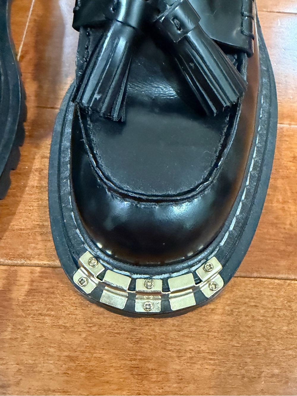 Sandro Black Leather Thick Soled Metal Detail Tassel Slip On Loafer Shoes 37 (7) - Picture 3 of 7